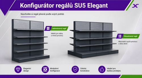 Konfigurátor prodejních regálů SU5 Elegant pro vybavení obchodů a prodejen. Návrh jednostranných a oboustranných regálových sestav WEXTA.