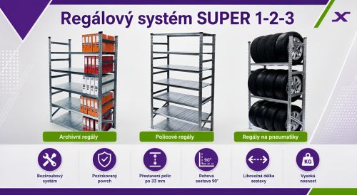 Regálový systém SUPER 1–2–3 • Skladové • Archivní • Na pneumatiky