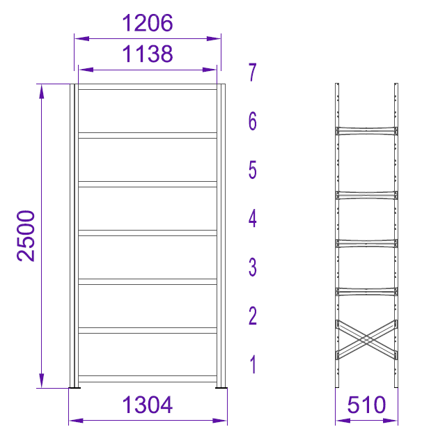 Kovový policový regál – základní modul, 1576x600x320 mm, 5 polic