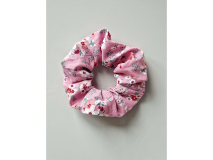 Bavlněná scrunchie s kytičkami růžová velká
