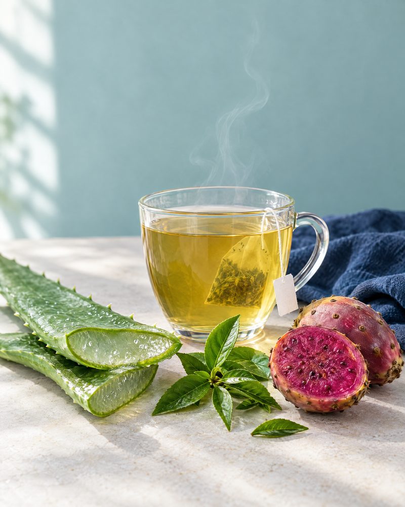 Šálek zeleného čaje s aloe vera vedle rozkrojeného listu aloe a plodu opuncie