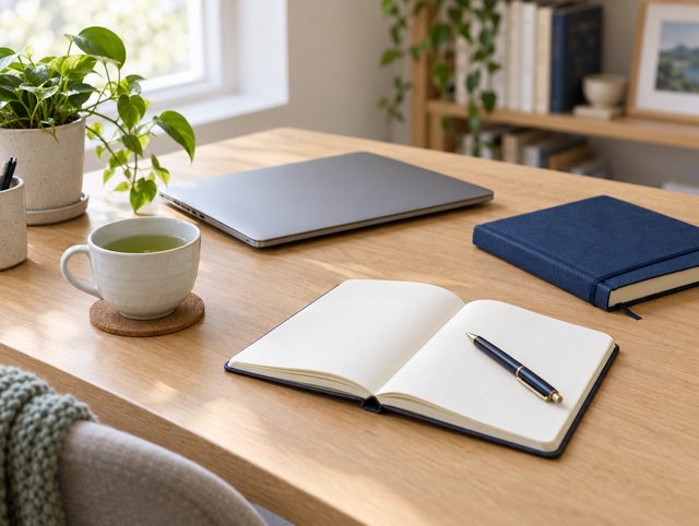 Pracovní stůl s notebookem, zápisníkem a šálkem zeleného čaje