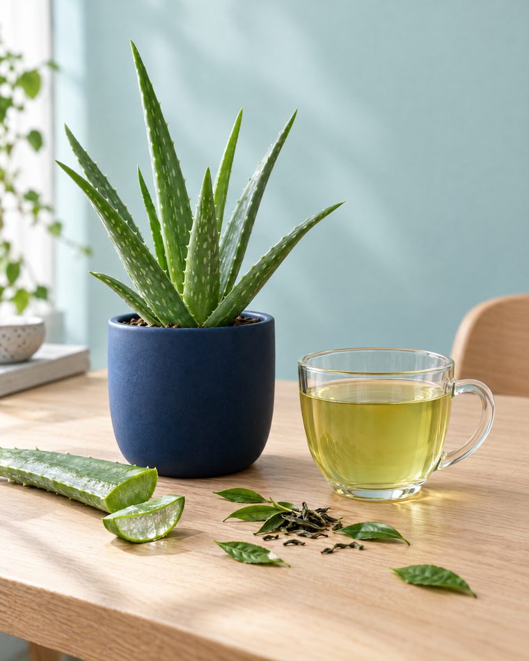 Rostlina aloe vera v modrém květináči a šálek zeleného čaje na dřevěném stole