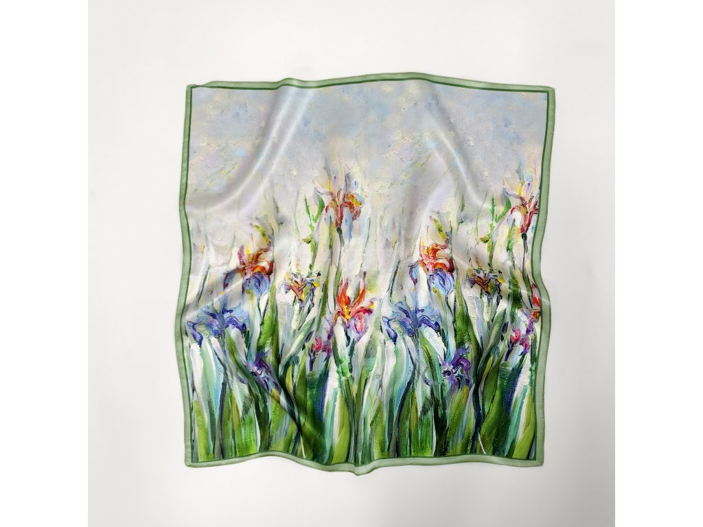 Hedvábný šátek olejomalba kosatců 53x53 cm v dárkovém balení, HEDVÁBNÝ SVĚT (3)