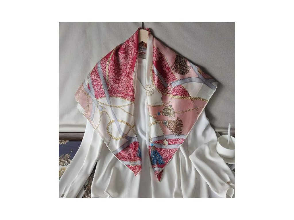 Hedvábný šátek růžovo-červený ozdobný 90x90 cm, WHITE ORCHID