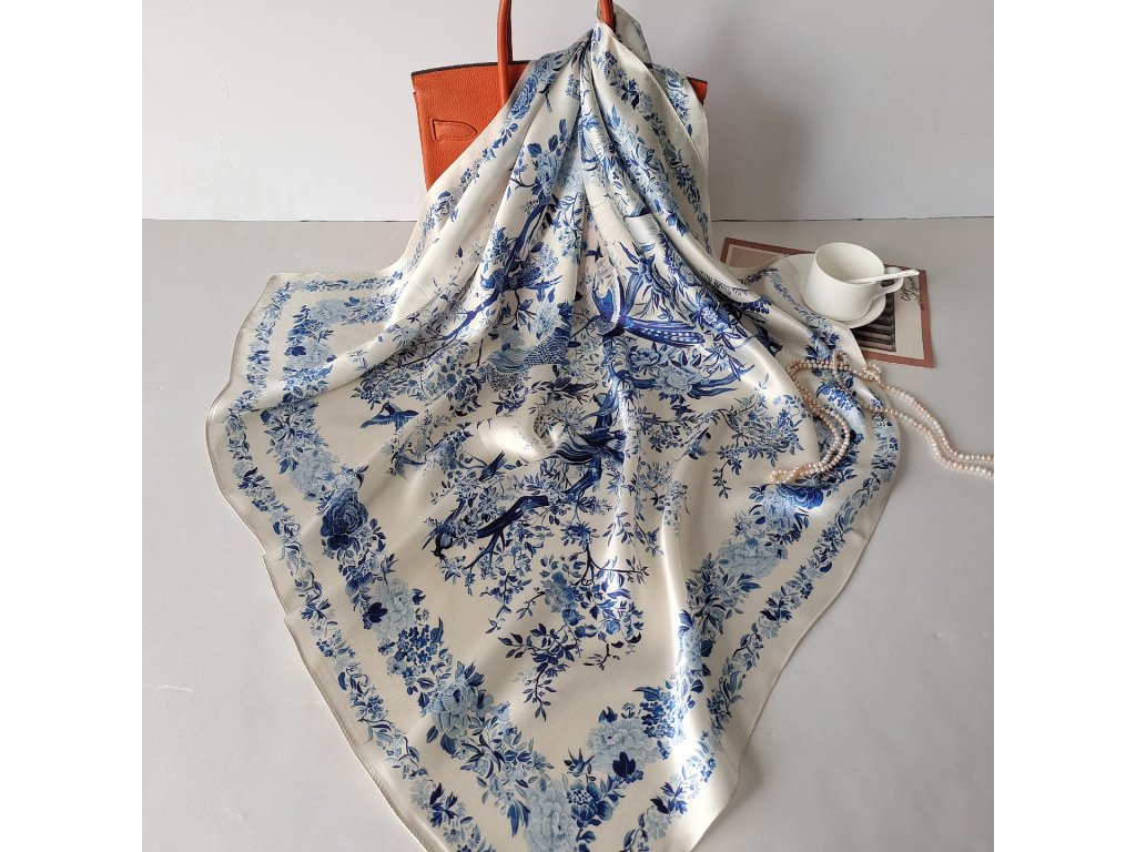 Hedvábný šátek Modrý ráj 90x90 cm v dárkovém balení, WHITE ORCHID