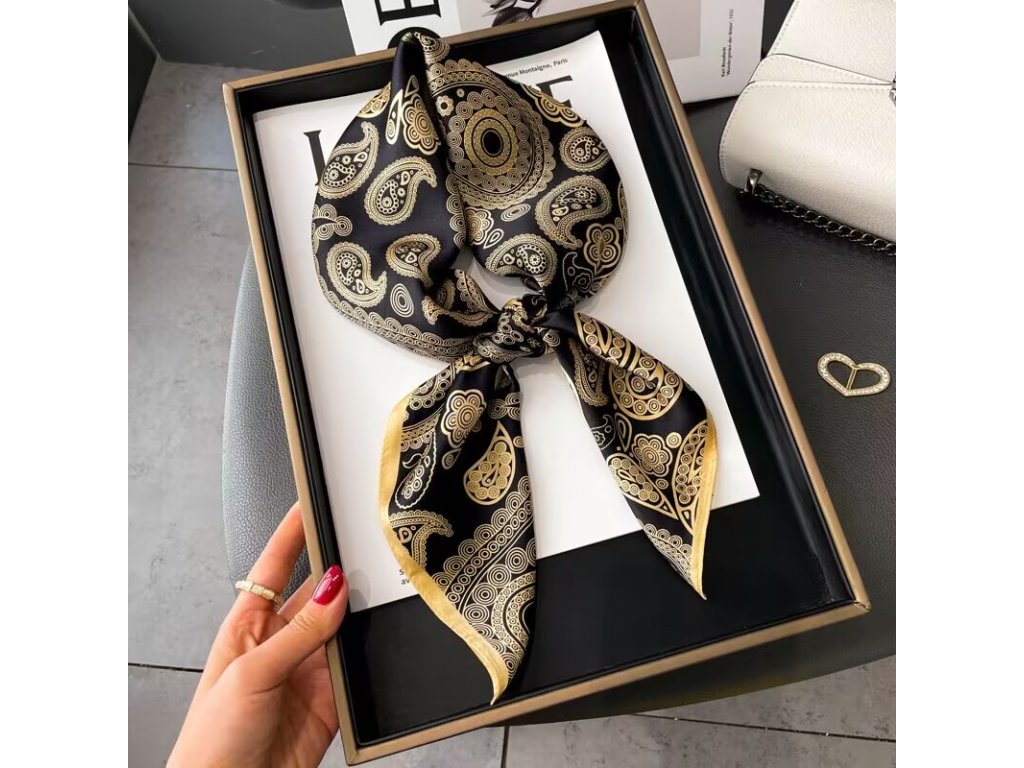 Hedvábný šátek černý se zlatými ornamenty 70x70 cm v dárkovém balení, WHITE ORCHID