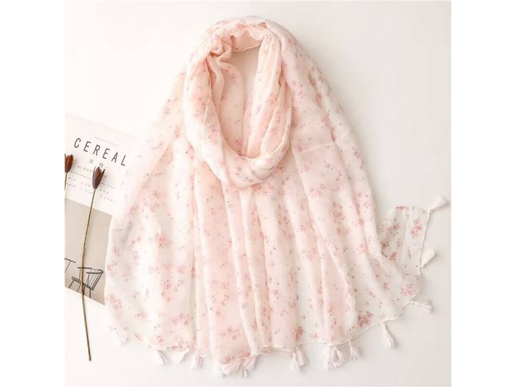 Bavlněný šátek/šála s jemnými růžovými kvítky 90x180 cm, WHITE ORCHID