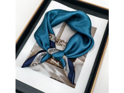 Hedvábný šátek modrý se zdobeným okrajem 53x53 cm v dárkovém balení, HEDVÁBNÝ SVĚT (6)
