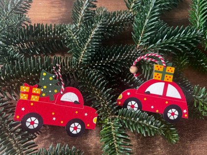 Dřevěná vánoční dekorace auto s dárkem, WHITE ORCHID (2)