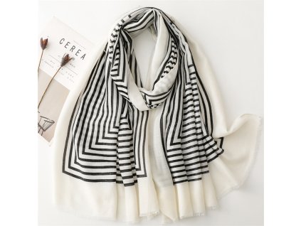 Bavlněný bílý šátek/šála s černými liniemi 90x180 cm, WHITE ORCHID 1