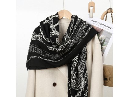 Černo-bílý zdobný kašmírový pléd s hedvábím 140x140 cm, HEDVÁBNÝ SVĚT