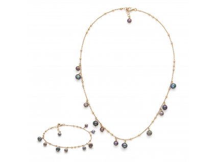 Sada perlového náhrdelníku a náramku - černá perla, růžové zlato, ISHWARA