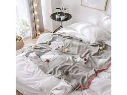 Bavlněná pletená deka šedá s bambulkami 135x160, WHITE ORCHID