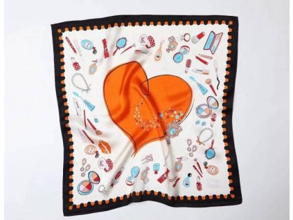 hedvábný šátek s oranžovým srdcem 53x53 cm