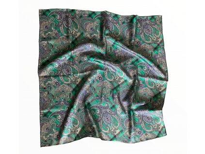 Hedvábný šátek zelený s barevnými ornamenty 64x64 cm, WHITE ORCHID