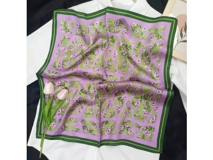 Hedvábný šátek květinový fialkovo-zelený, 65x65 cm WHITE ORCHID