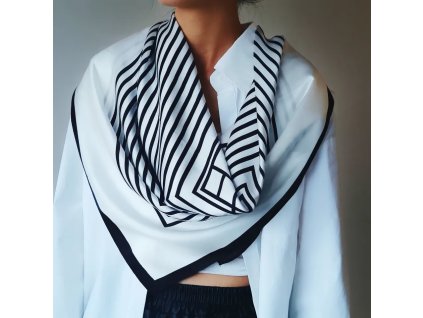 Hedvábný šátek bílý s černými čtverci 90x90 cm v dárkovém balení, WHITE ORCHID