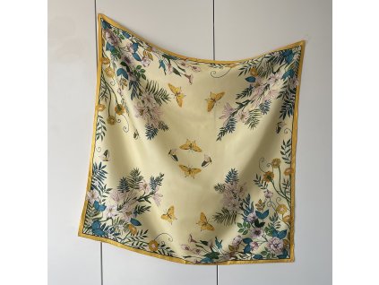 Hedvábný šátek žlutý květiny a motýli 90x90 cm v dárkovém balení, WHITE ORCHID