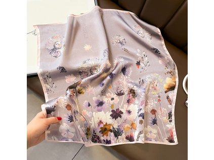 Hedvábný šátek pastelový s květinami 53x53 cm v dárkovém balení, WHITE ORCHID (1)