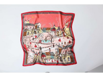 Hedvábný šátek zimní krajina červená 53x53 cm v dárkovém balení, WHITE ORCHID