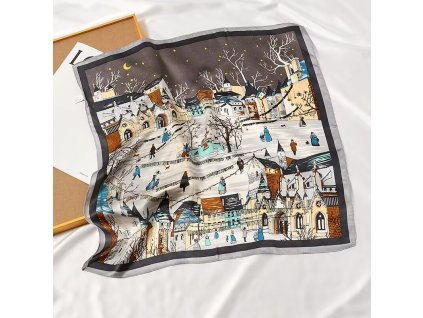 Hedvábný šátek zimní krajina s šedým okrajem 53x53 cm v dárkovém balení, WHITE ORCHID