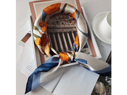 Hedvábný šátek modro oranžový s květy 68x68 cm v dárkovém balení, WHITE ORCHID