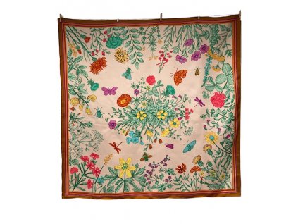 Hedvábný šátek s motivem květin zeleno-hnědý 86x86 cm v dárkovém balení, HEDVÁBNÝ SVĚT