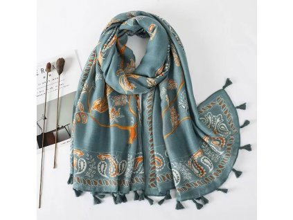 Bavlněný šátek/šála tyrkysový zdobný 90x180 cm, WHITE ORCHID