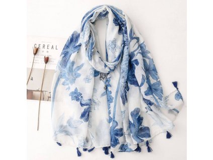 Bavlněný šátek/šála bílý s modrými květy 90x180 cm, WHITE ORCHID