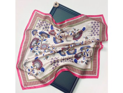 Hedvábný šátek růžový s ornamenty 53x53 cm v dárkovém balení, HEDVÁBNÝ SVĚT