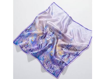 Hedvábný šátek modro-fialkové květy 70x70 cm v dárkovém balení, HEDVÁBNÝ SVĚT