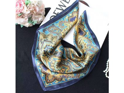 Hedvábný šátek Modrý s ornamenty 53x53 cm v dárkovém balení, HEDVÁBNÝ SVĚT