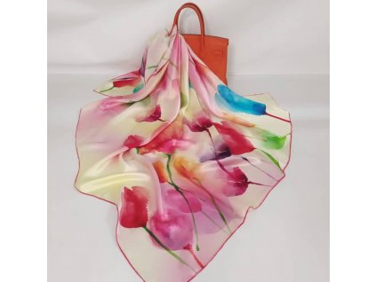 Hedvábný šátek Akvarelové květy 110x110 cm v dárkovém balení, HEDVÁBNÝ SVĚT(2)