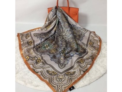 Hedvábný šátek Béžovo-hnědé Ornamenty 90x90 cm v dárkovém balení, HEDVÁBNÝ SVĚT