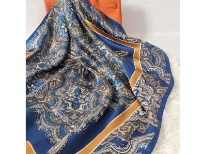 Hedvábný šátek Modré ornamenty 90x90 cm v dárkovém balení, HEDVÁBNÝ SVĚT