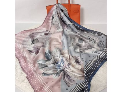 Hedvábný šátek Modro-růžové květy 90x90 cm v dárkovém balení, HEDVÁBNÝ SVĚT