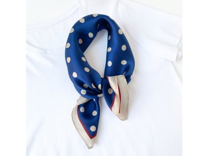 Hedvábný šátek modrý s krémovými puntíky 53x53 cm v dárkovém balení, HEDVÁBNÝ SVĚT