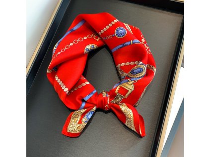 Hedvábný šátek červený zdobný 53x53 cm v dárkovém balení, HEDVÁBNÝ SVĚT