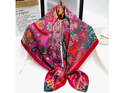 Hedvábný šátek pestrobarevný letní 90x90 cm v dárkovém balení, HEDVÁBNÝ SVĚT