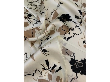Hedvábný šátek Béžovo-černý s květy 70x70 cm v dárkovém balení, HEDVÁBNÝ SVĚT