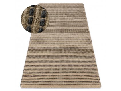 Juteni tepih s crnim i bež linijama.