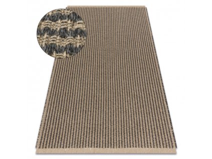 Juteni tepih s crnim i bež linijama.