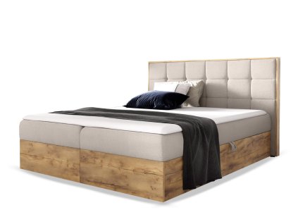 WOOD 1 ágyneműtartós kárpitozott boxspring ágy matraccal - bézs Paros