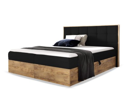 WOOD 1 ágyneműtartós kárpitozott boxspring ágy matraccal - fekete Kronos