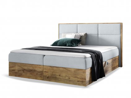 WOOD 2 kárpitozott boxspring ágy ágyneműtartóval és matracokkal - szürke Paros