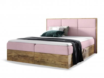 WOOD 2 kárpitozott boxspring ágy ágyneműtartóval és matracokkal - rózsaszín Kronos