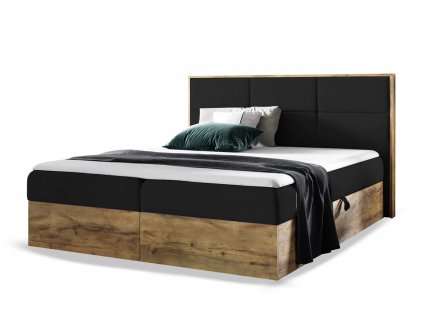 WOOD 2 kárpitozott boxspring ágy ágyneműtartóval és matracokkal - fekete Kronos