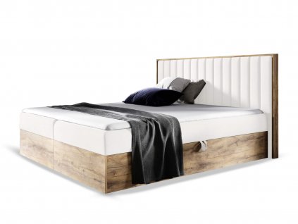 WOOD 4 kárpitozott boxspring franciaágy ágyneműtartóval és matraccal - fehér Paros