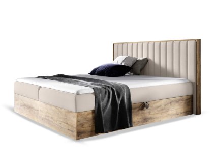 WOOD 4 kárpitozott boxspring franciaágy ágyneműtartóval és matraccal - bézs Paros